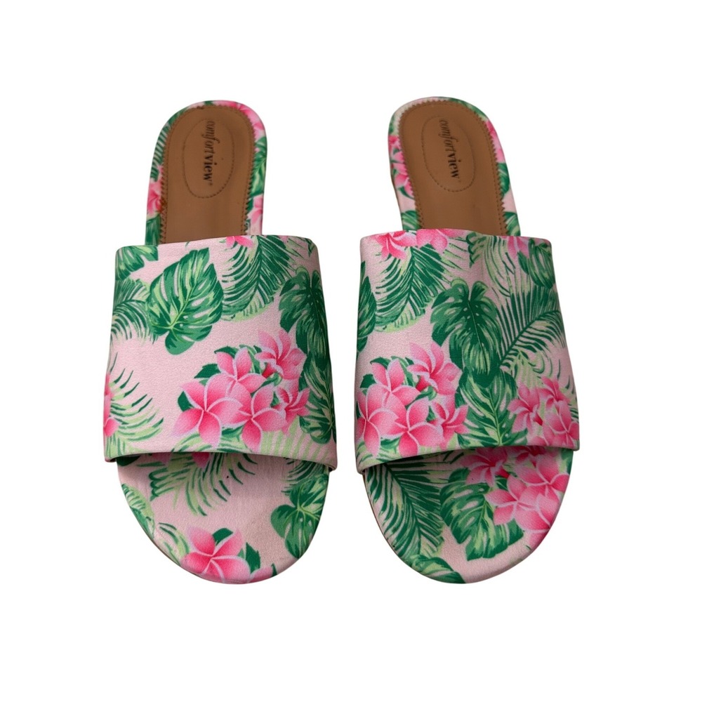 Comfortview Sandals Capri Tropical Floral Pink Green Wedge Slides Women 11WW